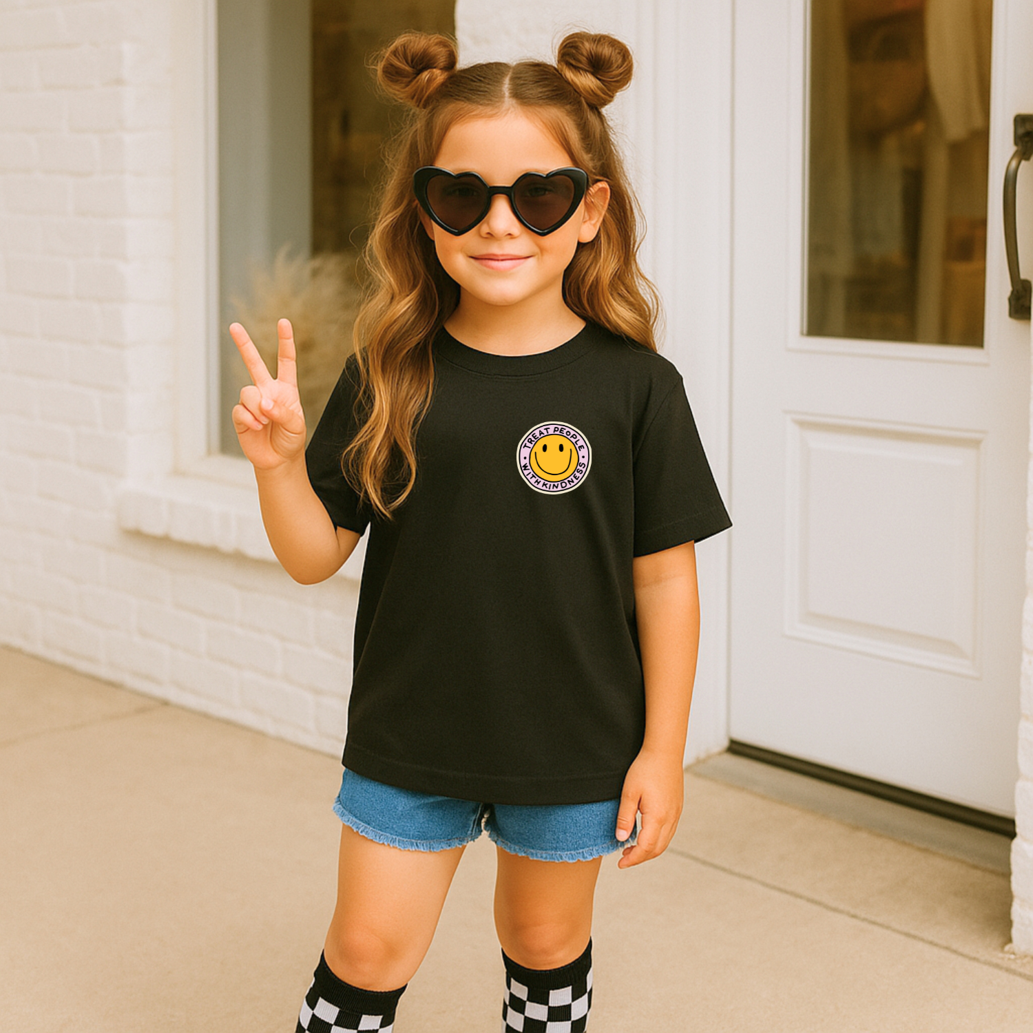 Young girl wearing a black t-shirt with a smiley face logo, denim shorts, and heart-shaped sunglasses, standing in front of a white door.