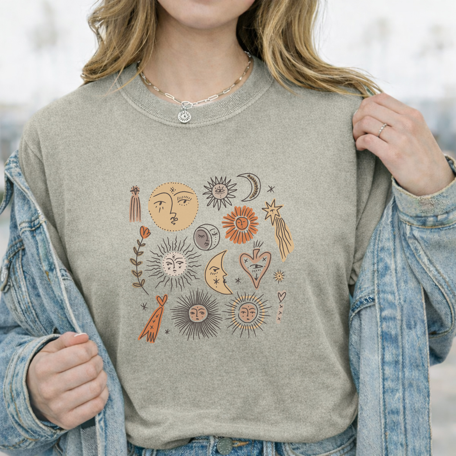 Neutral women's graphic tee featuring boho celestial design, relaxed fit everyday style shirt