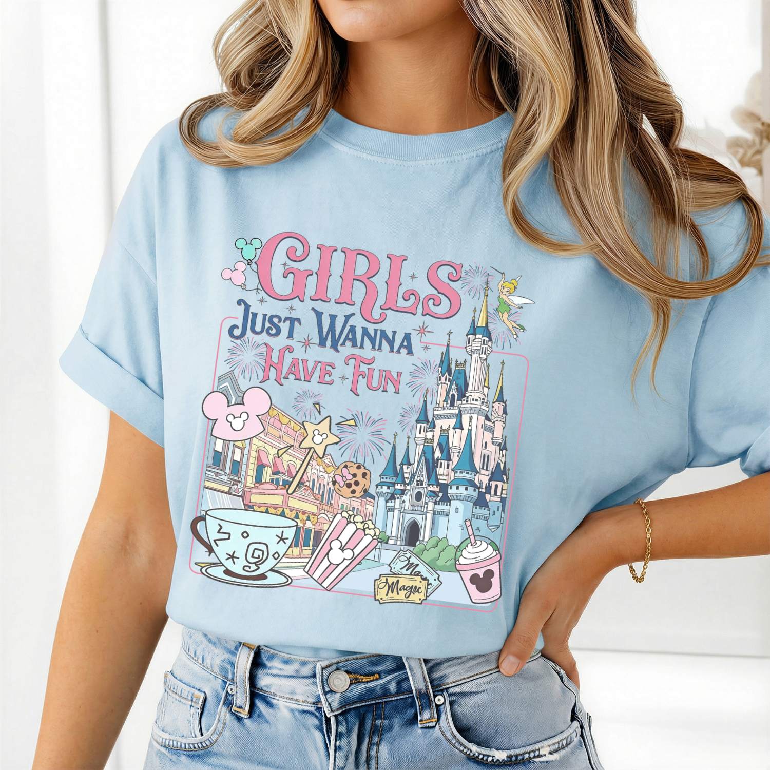 Disney theme park inspired tee with the saying "girls just wanna have fun"