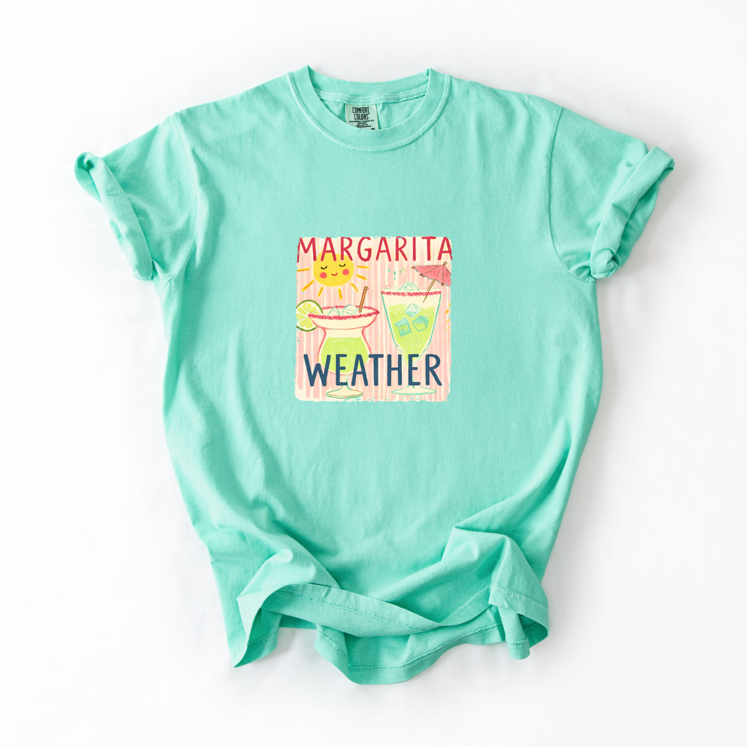 Mint green t-shirt with 'Margarita Weather' graphic on a white background