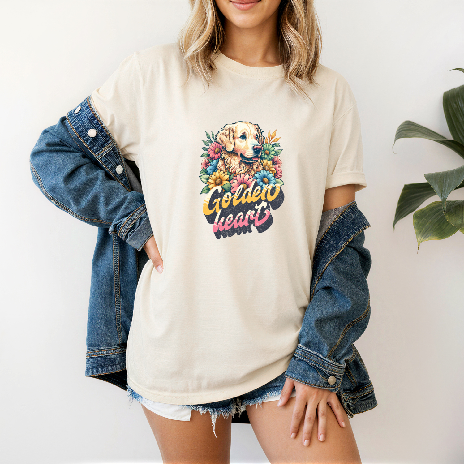 Person wearing a cream t-shirt with a golden retriever dog graphic and 'Golden heart' text, paired with a denim jacket.