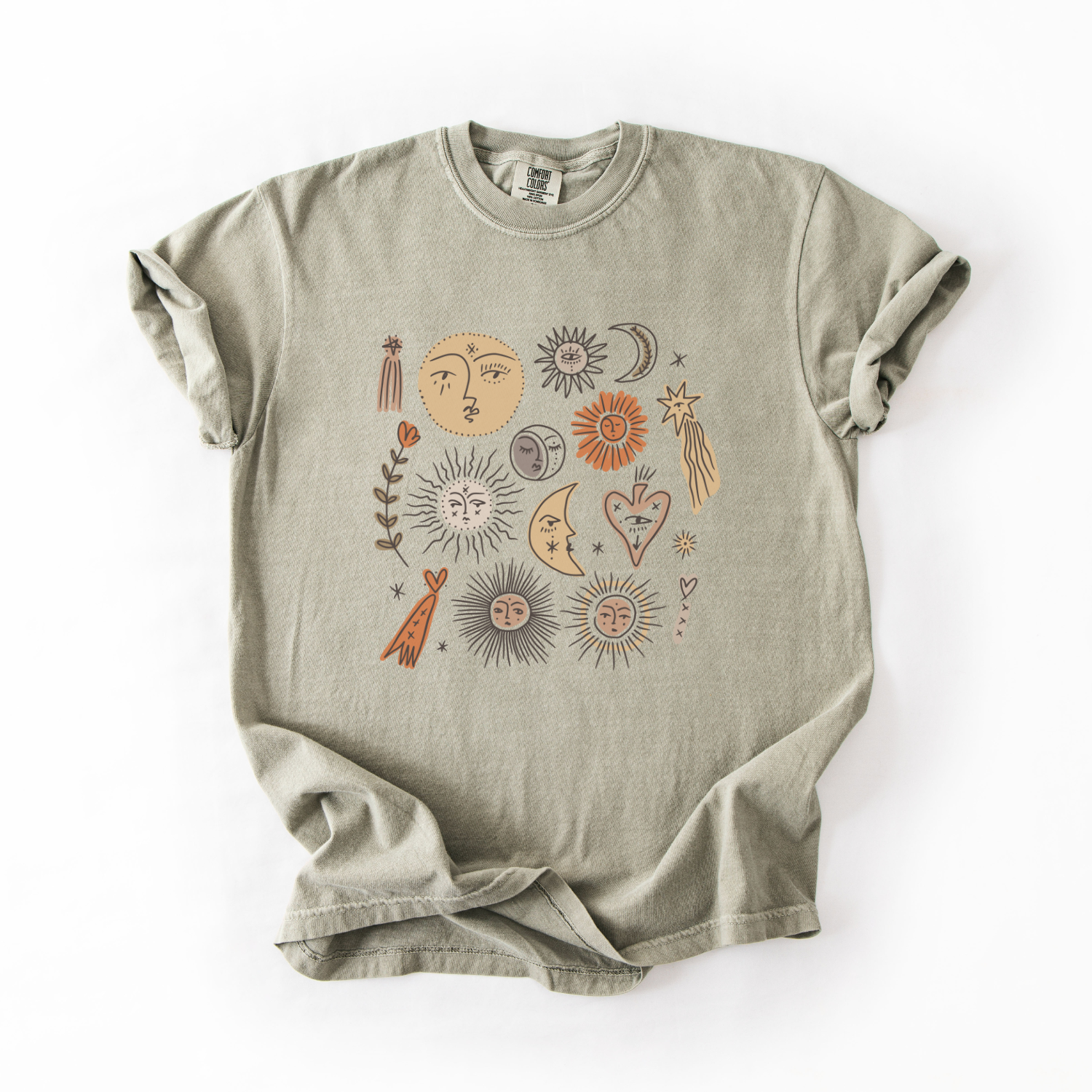 Neutral colored women's t-shirt with boho sun and moon design, casual everyday graphic tee