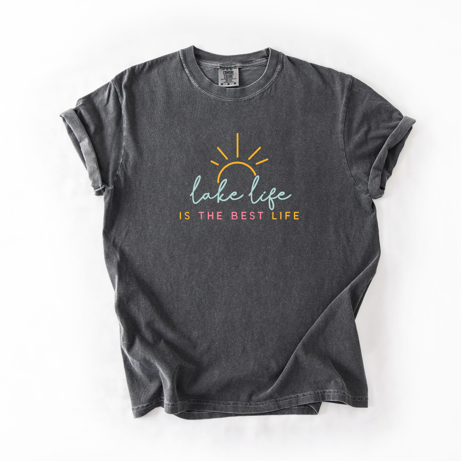 Black t-shirt with 'Lake Life is the Best Life' text and sun graphic on a white background