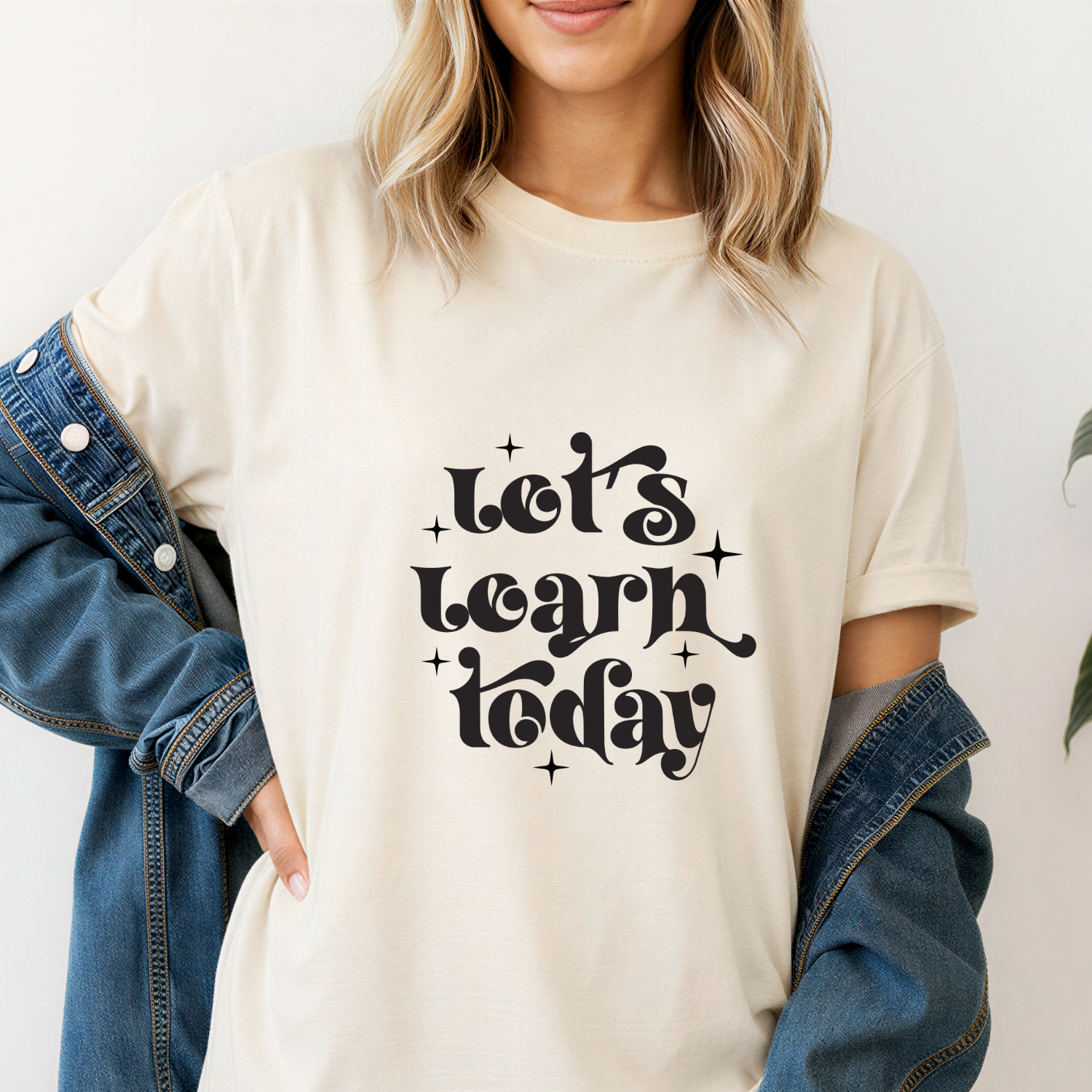 Ivory comfort colors short sleeved t-shirt with trendy text that reads "let's learn today"