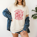 Radicalized by basic decency shirt with red graphic of a bird and flowers