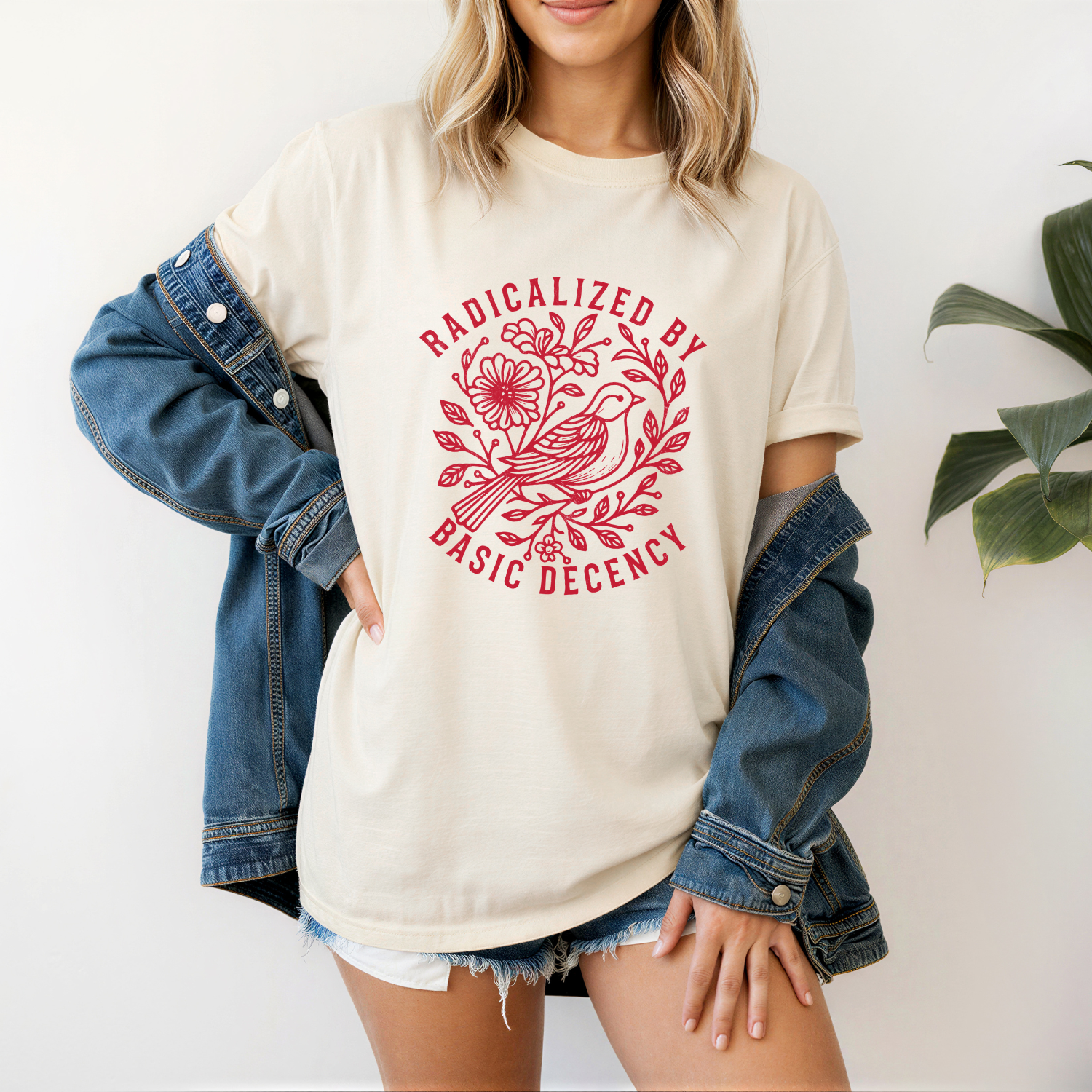 Radicalized by basic decency shirt with red graphic of a bird and flowers
