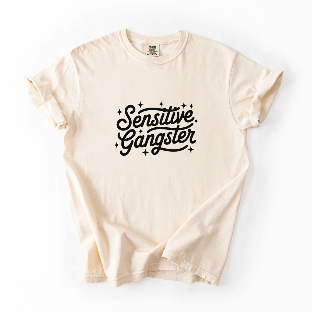 Off White t-shirt with 'Sensitive Gangster' text on a white background