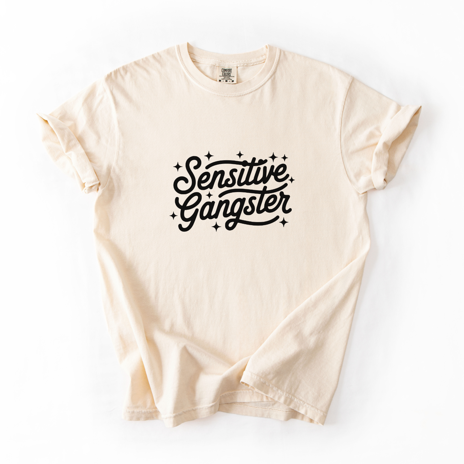Off White t-shirt with 'Sensitive Gangster' text on a white background