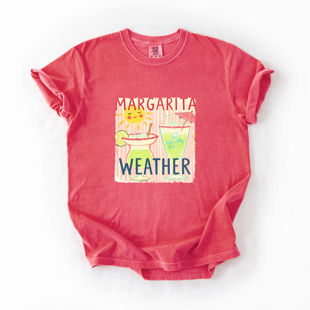 Red t-shirt with 'Margarita Weather' graphic on a white background