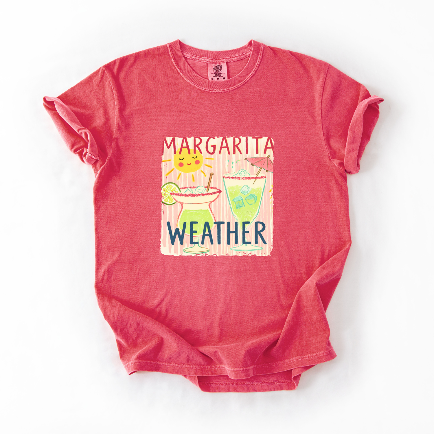 Red t-shirt with 'Margarita Weather' graphic on a white background
