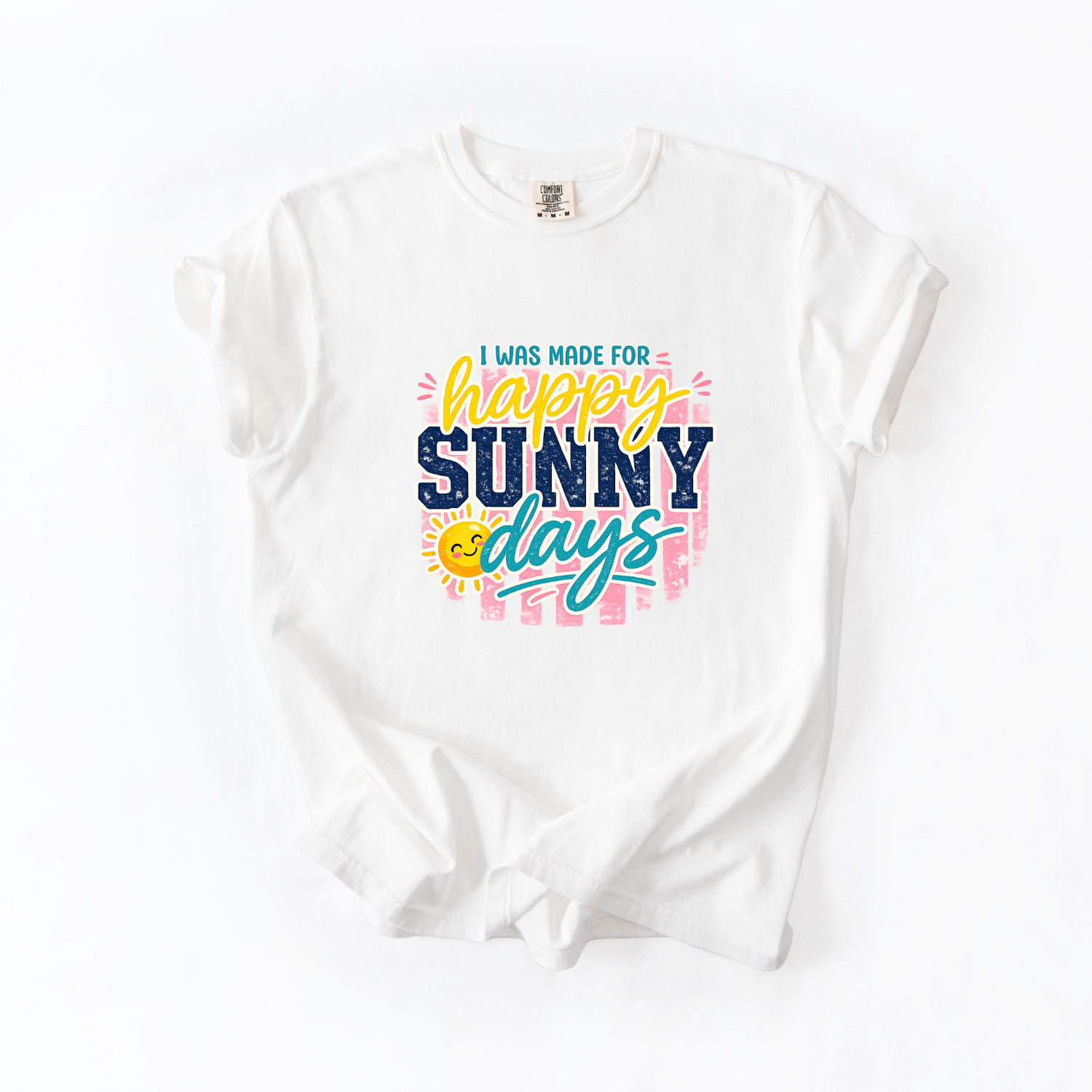 White t-shirt with colorful text design on a white background